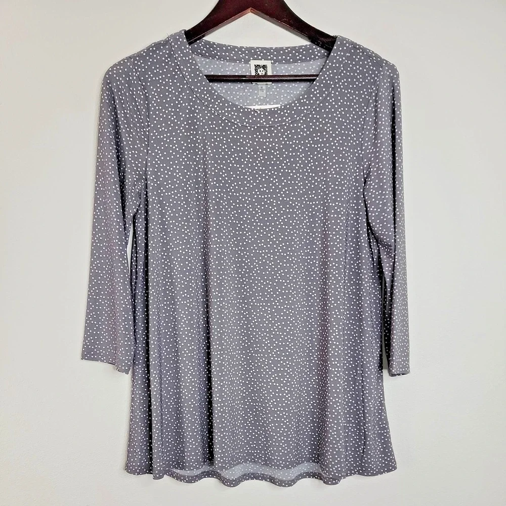 Anne Klein Womens Tunic Top M Gray White Polka Dot 3/4 Sleeve Flowy NWT